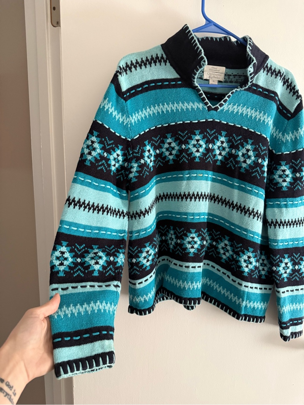 Christopher & Banks Teal & Navy Fair Isle Crewneck Sweater - Picture 3 of 6